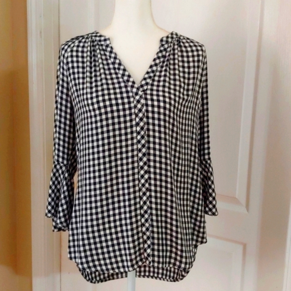 Black & White Check Split Neck Bell Sleeve Blouse. Size L